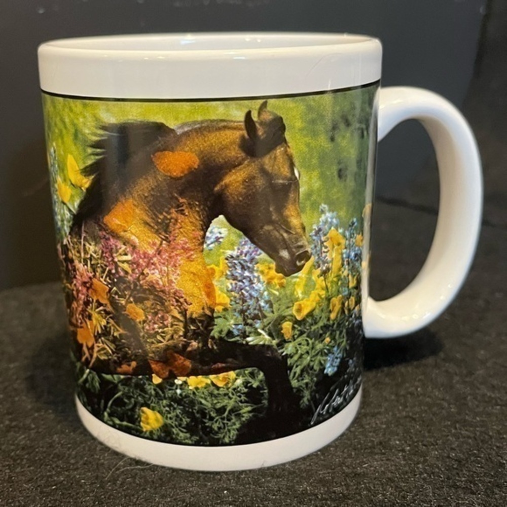 Vintage 1994 Horse and Flowers Mug Cup by Leanin’ Tree Art by Robert Vavra